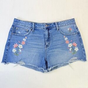 Time and Tru Womens Sz 12 High Rise Embroidered Floral Denim Shorts Distressed
